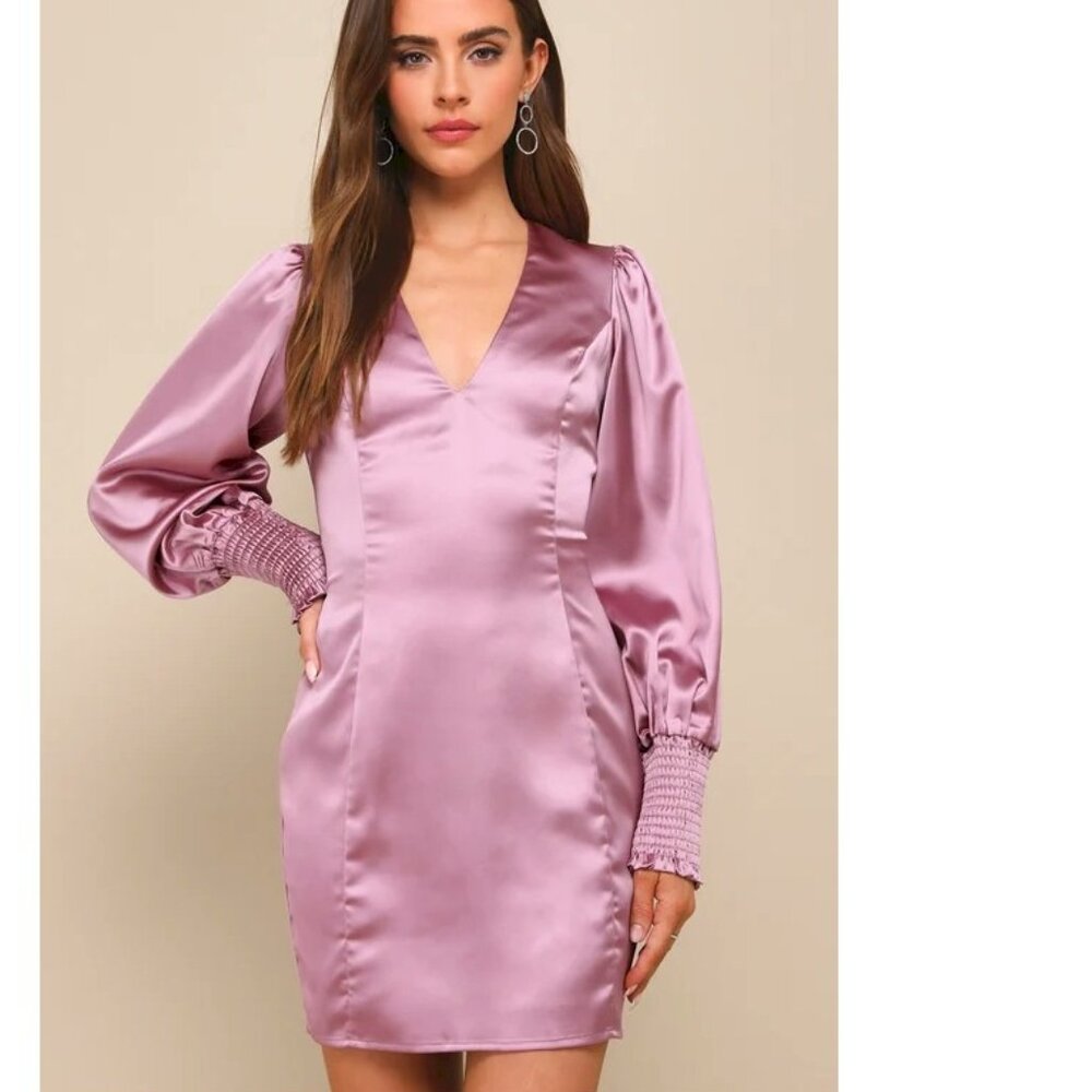 Lulus Sleek Beauty Mauve Purple Satin Smocked Long Sleeve Mini Dress Small NWOT